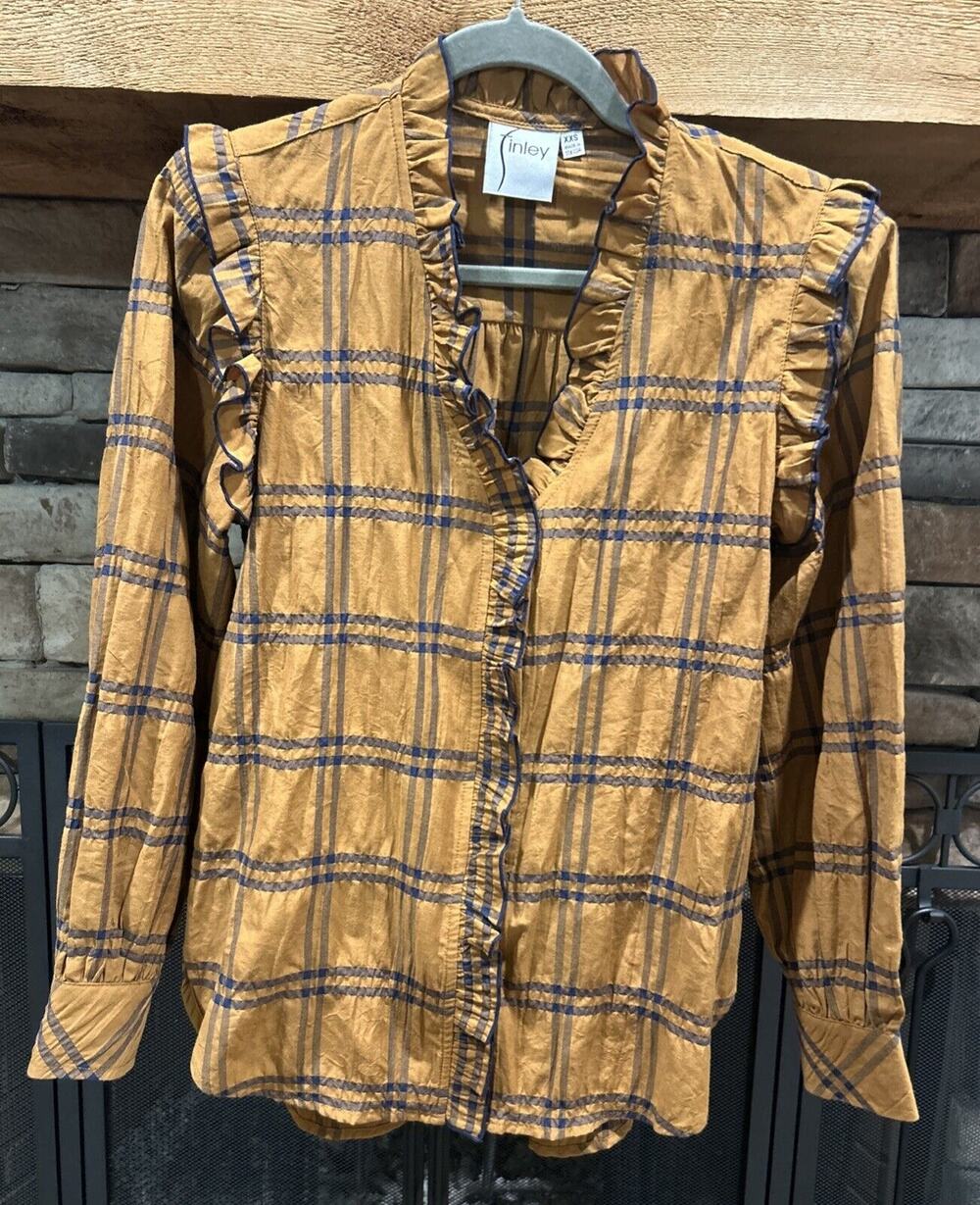 Women’s FINLEY Brown Vicuña Pucker Plaid Ruffled Button Up Shirt Size XXS *B5